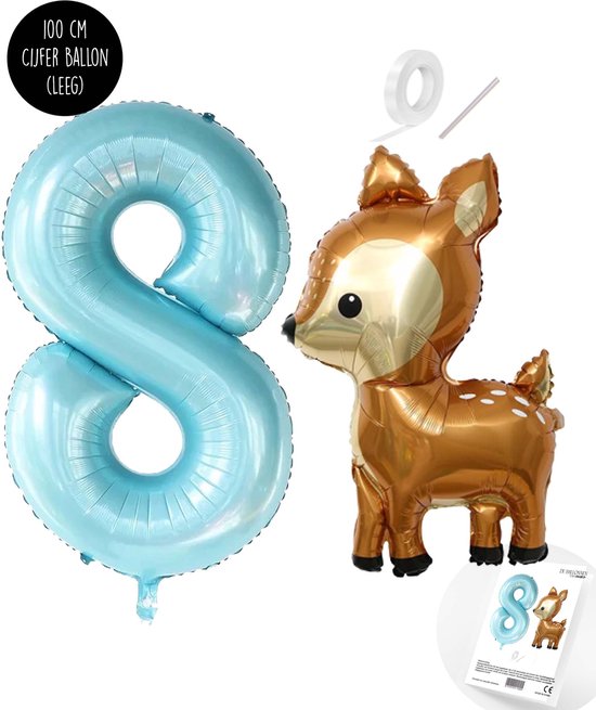 Snoes - Bambi Basis Ballon Set XXL Ballon Chiffré Blue Bébé 8 - Cerf Doux + Ballon Chiffré 8 Ans - Convient à l'Hélium