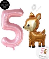 Snoes - Bambi Basis ballon set XXL Cijferballon Baby Pink 5 - Lief Hert + Cijfer Ballon 5 Jaar - Helium Geschikt
