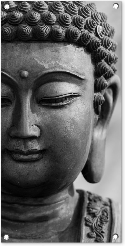 Tuinposter Boeddha - Grijs - Spiritualiteit - Buddha beeld - Religie - 40x80 cm - Wanddecoratie Buiten - Tuinposter - Tuindoek - Schuttingposter - Tuinschilderij
