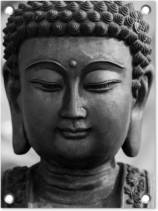 Tuin decoratie Boeddha - Grijs - Spiritualiteit - Buddha beeld - Religie - 30x40 cm - Tuindoek - Buitenposter