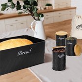 Boîte à pain 5 en 1, boîte à pain en métal avec sac à pain et lot de 3 boîtes de rangement pour une fraîcheur durable, noir avec couvercle en bambou de haute qualité, utilisable comme planche à découper, 33 x 18 x 13 cm