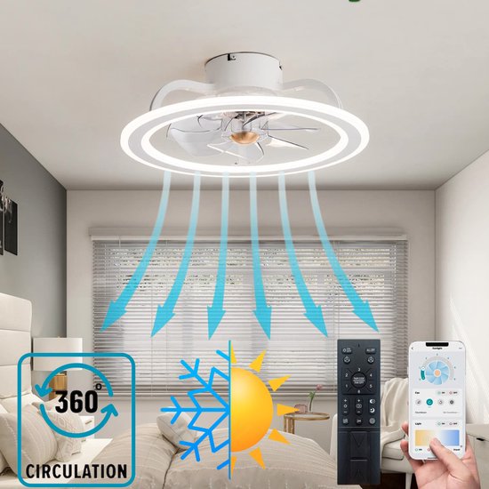 L'air Pur Silent Breeze Plafondventilator met LED verlichting - Plafonniere - Afstandsbediening - APP - zomer en winterstand - 6 snelheden - dimbaar - evenwichtige luchtcirculatie - wit