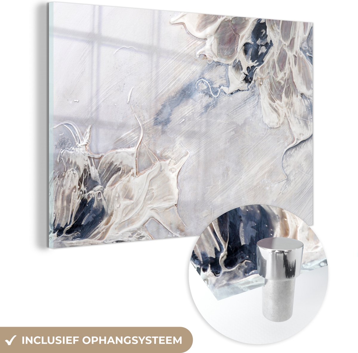 MuchoWow® Glasschilderij 60x40 cm - Schilderij acrylglas - Verf - Abstract - Beige - Grijs