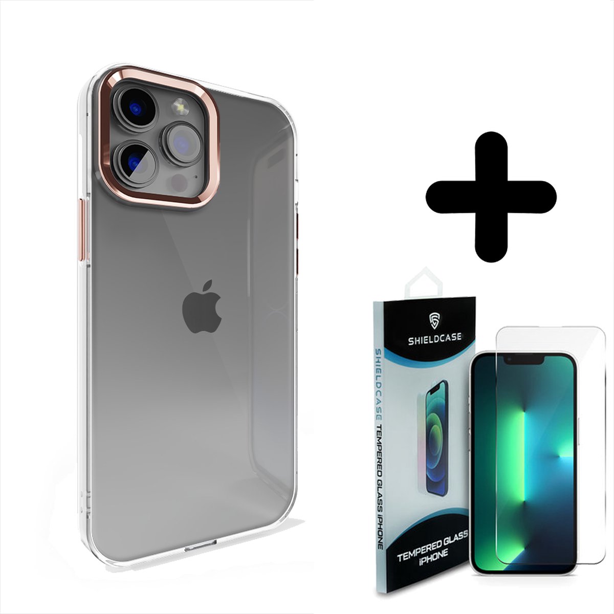 Coverzs geschikt voor iPhone 14 Pro Max hard case met metalen camera bumper (roze) + ShieldCase screenprotector - beschermglas iPhone bescherming - iPhone case bescherm hoesje + Screenprotector