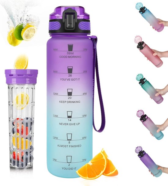 Babyflesje - 1L met fruitcontainer waterfles met theezeef fruitrecept waterfles voor student, kantoor, sporters, kinderen, fitness