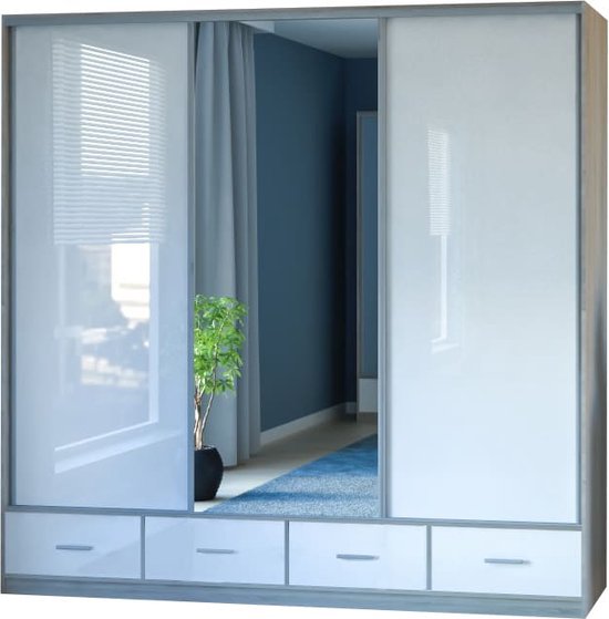 Armoire avec 4 tiroirs et portes coulissantes, éclairage LED- ZELO 250 Sonoma + Blanc brillant