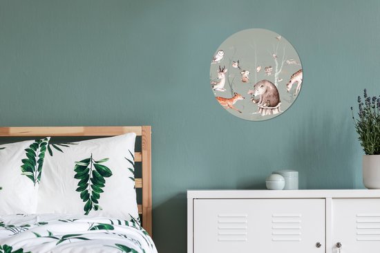 WallCircle - Cercle Mural - Cercle Mural - Animaux de la Forêt - Aquarelle - Vert - Enfants - Chambre d'Enfant - Aluminium - Dibond - 30x30 cm - Intérieur et Extérieur