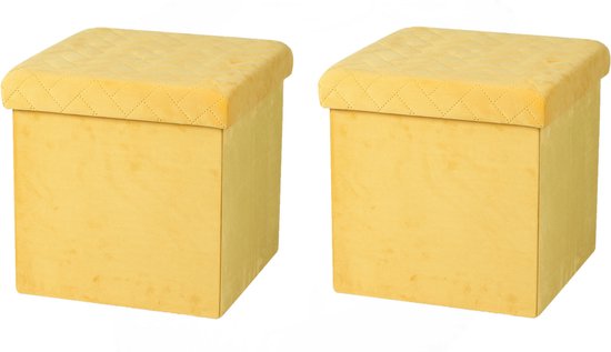 Urban Living Poef/hocker - 2x - opbergbox zit krukje - velvet geel - polyester/mdf - 38 x 38 cm - opvouwbaar