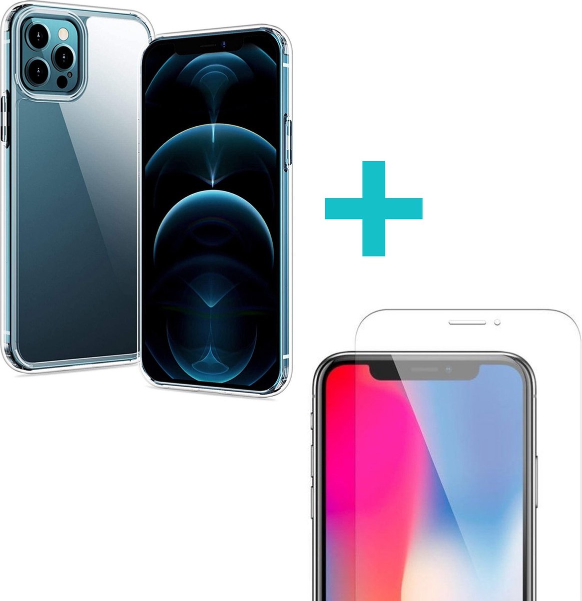 Ceezs Telefoonhoesje geschikt voor Apple iPhone 12 Pro Max - silicone case - optimale bescherming - backcover - transparant + glazen screen protector