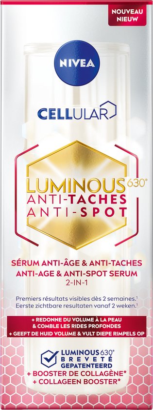 Nieuwe Nivea Cellular Luminous630 Anti-Age & Anti-Spot serum 2-in-1 verpakking. Met collageen booster.