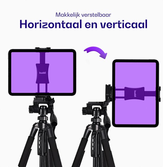 Zwart statief met tablet in horizontale en verticale positie.