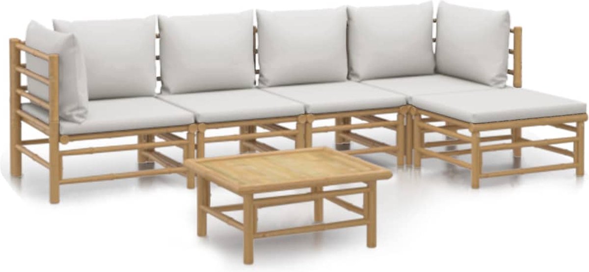 vidaXL 6-delige - Loungeset - met - kussens - bamboe - lichtgrijs