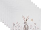 HAES DECO - Set van 6 Placemats - formaat 48x33 cm - kleuren Bruin / Wit - van 100% Katoen - Collectie: Rustic Easter Bunny