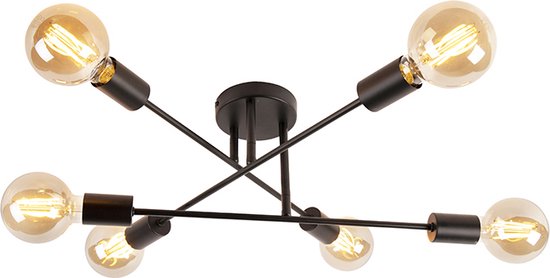 QAZQA sydney - Industriele Dimbare LED Smart Plafondlamp incl. wifi met Dimmer - 6 lichts - Ø 55 cm - Zwart - Industrieel - Woonkamer | Slaapkamer | Keuken