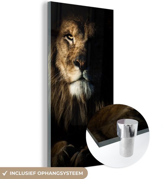Glasschilderij leeuw - Dieren - Portret - Zwart - Glazen decoratie - Glasplaat - Woonkamer decoratie - Muurdecoratie glas - 60x120 cm - Foto op glas - Schilderij glas - Glasschilderijen
