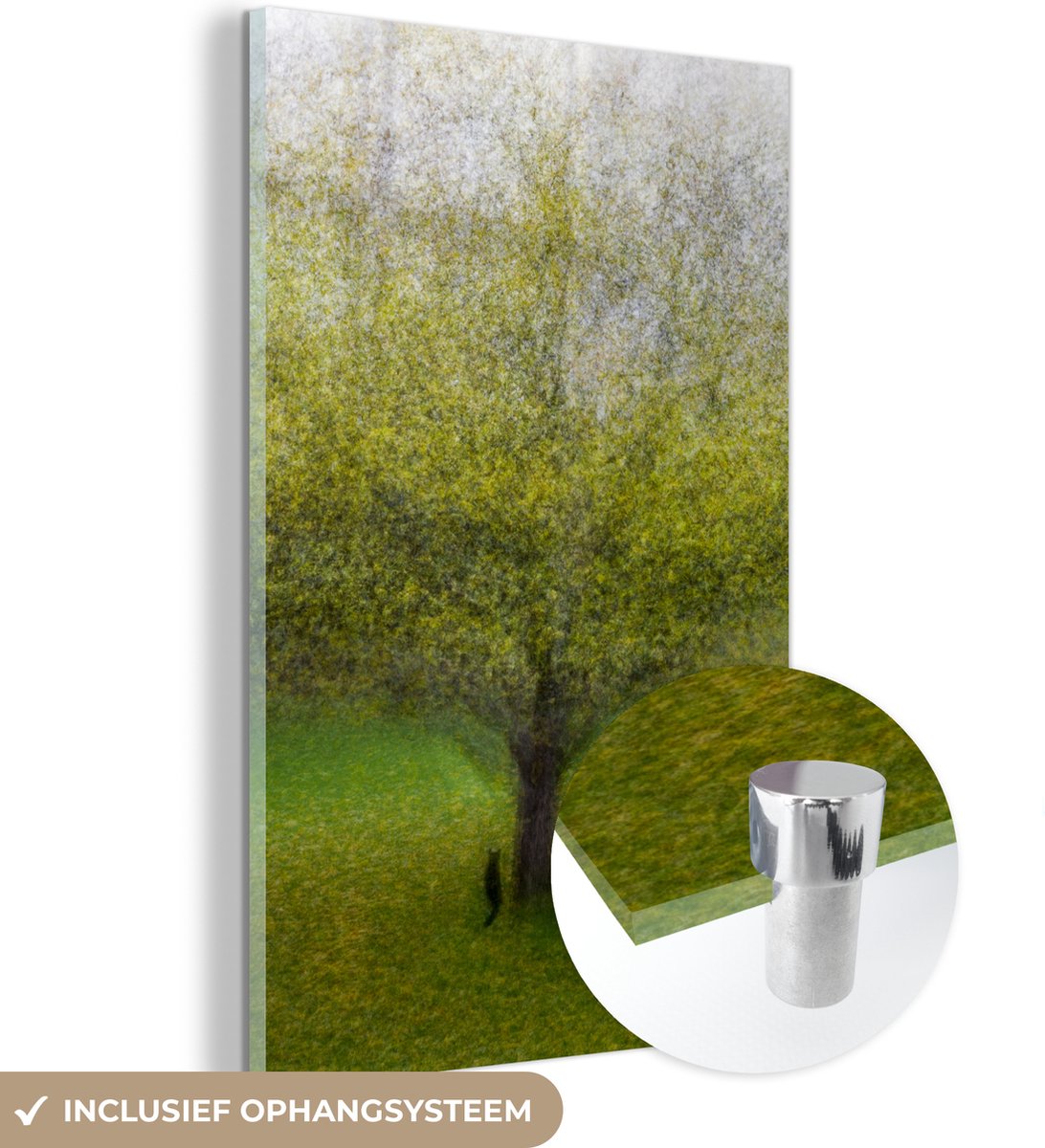 Glasschilderij - Kunst - Kat - Boom - Verf - Foto op glas - Wanddecoratie - 20x30 cm - Glazen plaat - Schilderij glas