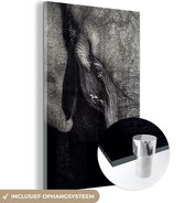 Glasschilderij - Olifant - Dieren - Portret - Zwart - Wit - Foto op glas - 20x30 cm - Muurdecoratie - Glazen plaat - Schilderij glas