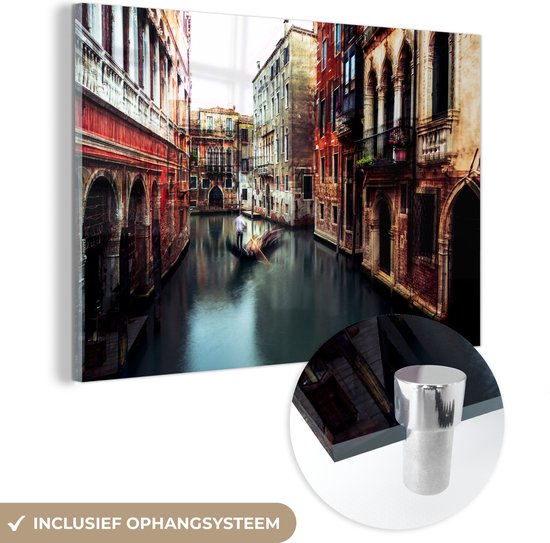 Glasschilderij - Architectuur - Venetië - Italië - Water - Gondel - Foto op glas - Wanddecoratie - 60x40 cm - Schilderij glas