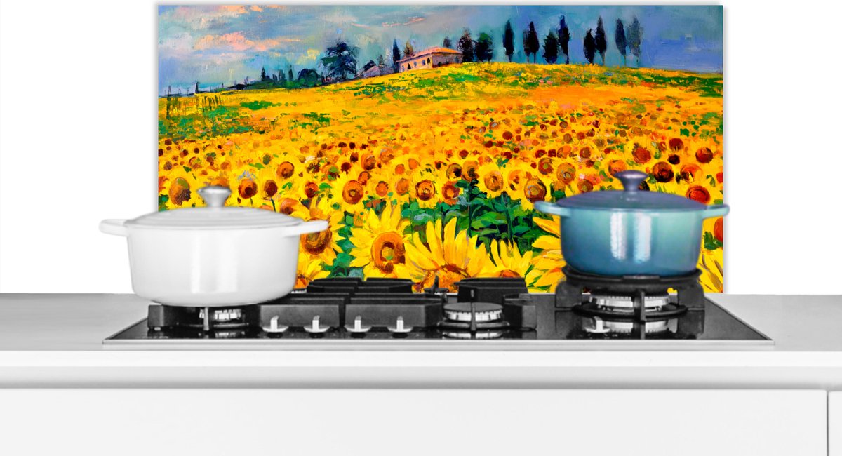 Spatscherm keuken 90x45 cm - Kookplaat achterwand Olieverf - Schilderij - Bloemen - Zonnebloem - Muurbeschermer - Spatwand fornuis - Hoogwaardig aluminium