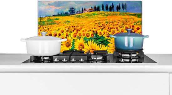 Een keukenachterwand met een schilderij van een zonnebloemveld met op de voorgrond een gasfornuis met pannen.