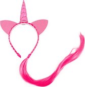 Eenhoorn haarband lichtroze unicorn diadeem met haar en oortjes - roze hoorn haar glitter vlecht extensions festival