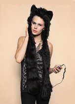KIMU hood zwarte panter muts met sjaal, wanten en oortjes - faux fur zwart bont berenmuts flappen bontmuts capuchonmuts spirit -