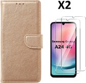 Hoesje Geschikt Voor Samsung Galaxy A24 hoesje bookcase portemonnee Met 2x screenprotector / Beschermglas - Goud