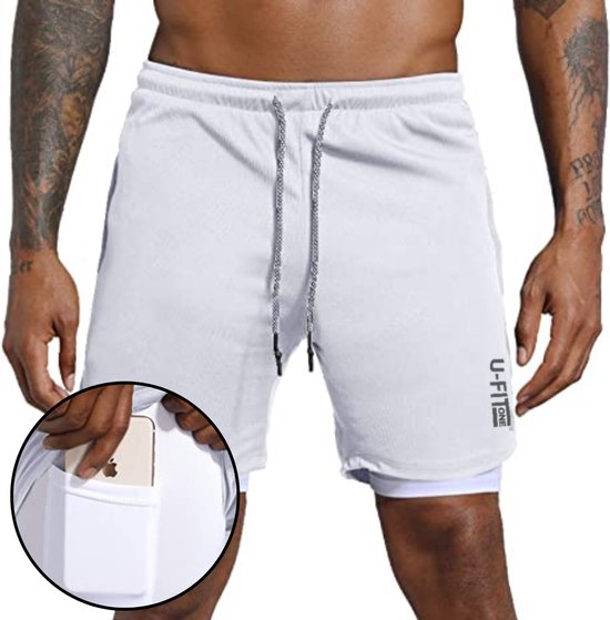 Pantalon de sport U Fit One pour homme - Pantalon de course avec poche mobile - Shorts 2 en 1 - Wit - Taille 3XL
