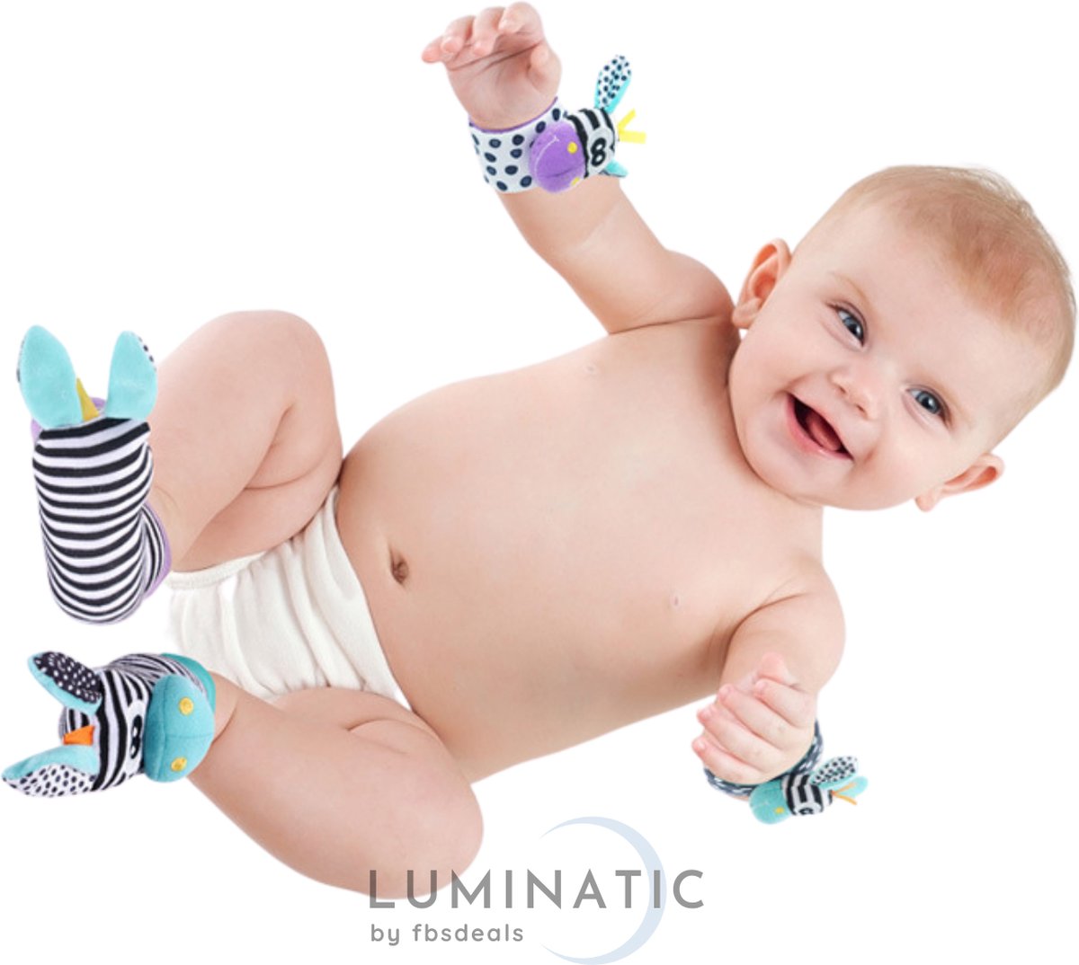 Baby Rammelaar - Rammelaar Sokjes en Armbandjes - Pols en Voetrammelaar - Speel en Voetzoeker Sokken - Baby Sokjes - Pluche Knuffels - Rammelaar - Belletjes | Luminatic® | Zebra & Giraffe 3 | 1 Set, 4 Stuks — afbeelding 8