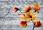 Fotobehang - Vlies Behang - Oranje Magnolia Bloem op Houten Planken - 208 x 146 cm