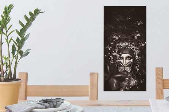 Toile Peinture Femme - Papillon - Zwart - Wit - 20x40 cm - Décoration murale