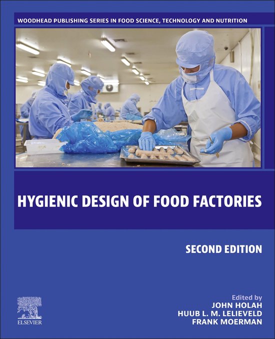 Voorpagina van 'Hygienic Design of Food Factories', tweede editie. Toont werknemers in steriele kleding die voedsel verpakken in een fabriek.