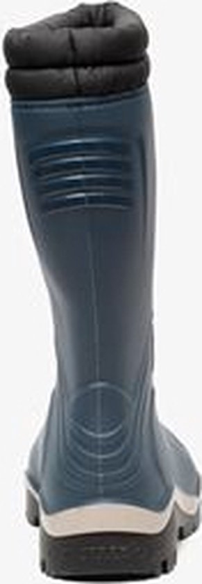 Blauwe Dunlop kinderlaars, achteraanzicht, met zwarte voering en rode veterstopper.