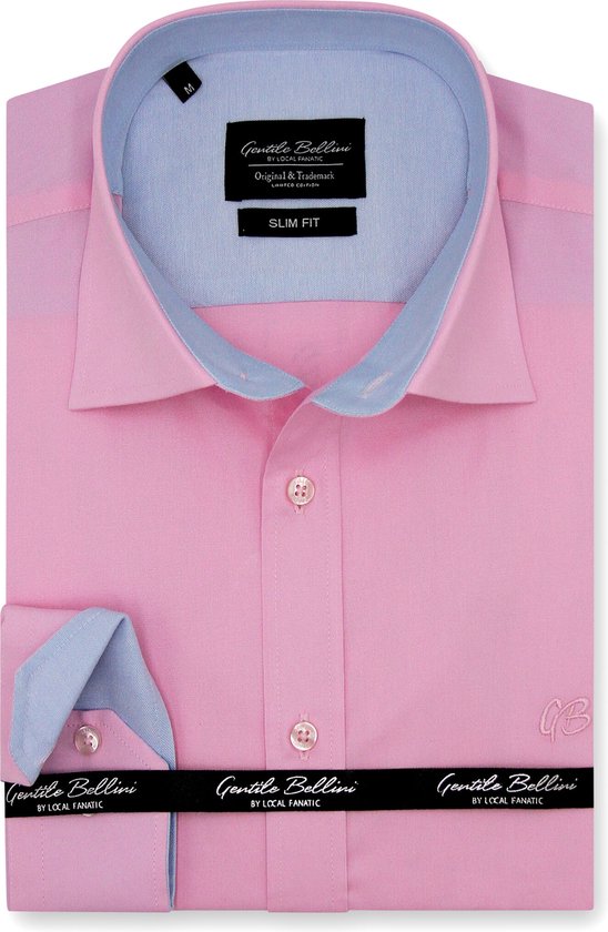 Heren Overhemd - Slim Fit - Circle Dots Contrastbeleg - Roze - Maat M