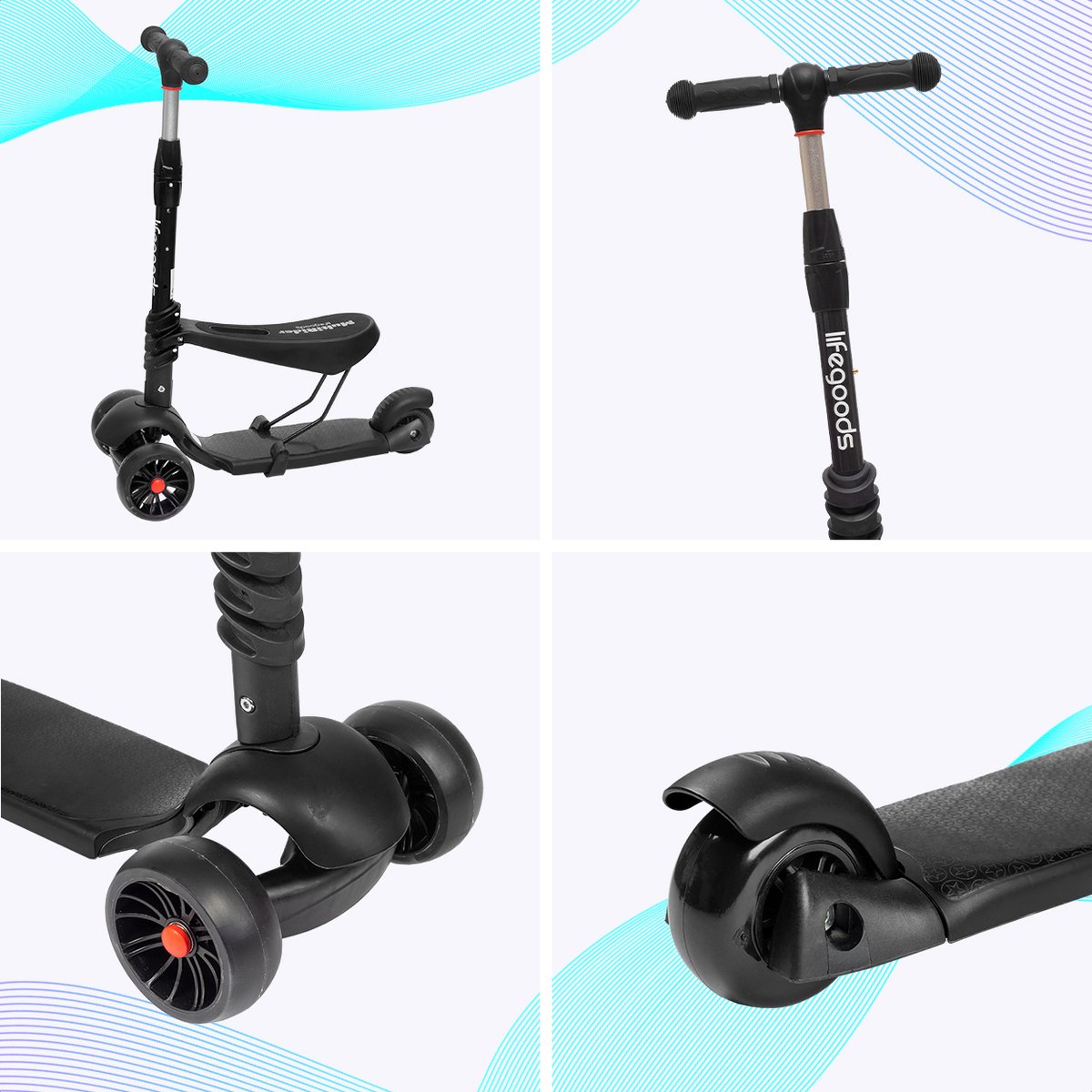 LifeGoods MultiRider Kinderstep - Step 3-8 Jaar - Hoogte Verstelbaar Zitje - Lichtgevende LED Wielen - Jongens/Meisjes - Zwart — afbeelding 9