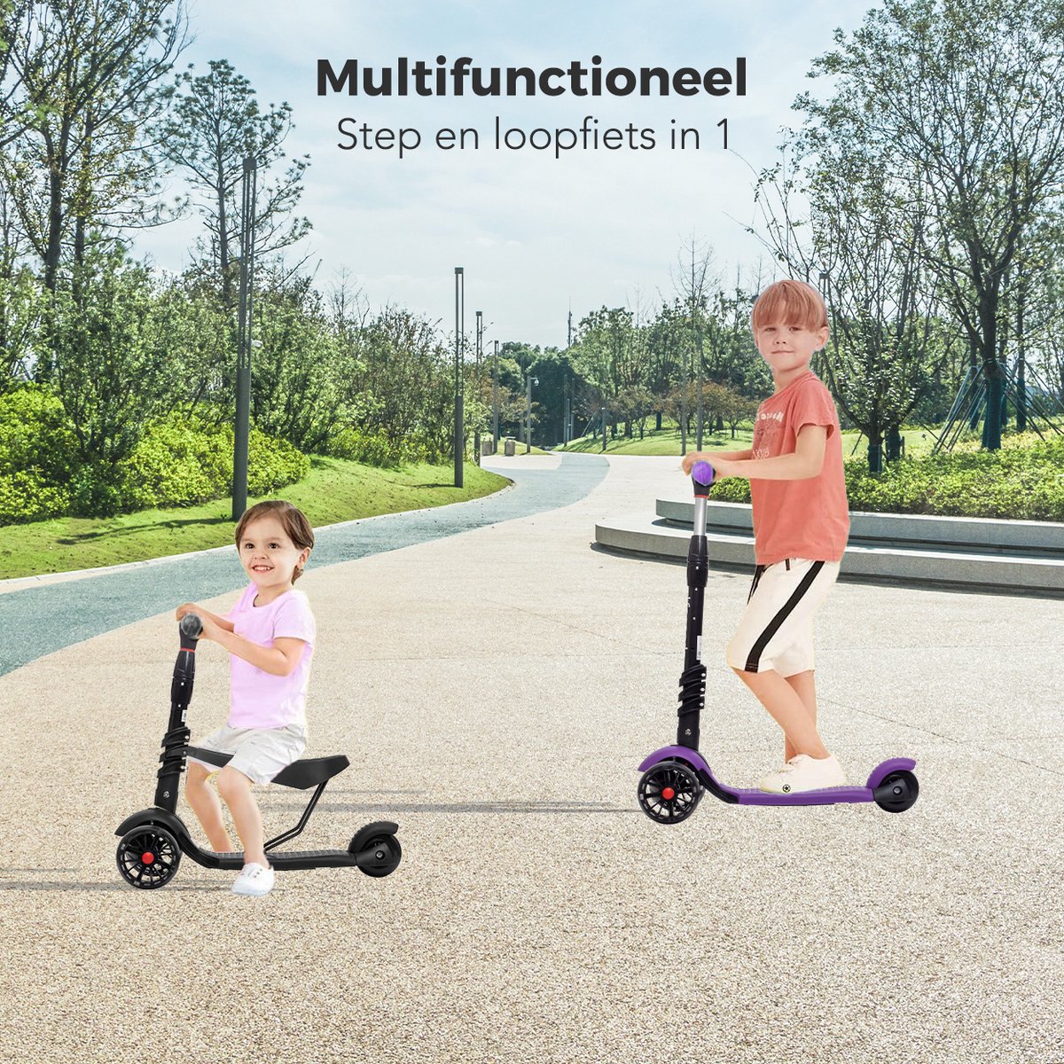 LifeGoods MultiRider Kinderstep - Step 3-8 Jaar - Hoogte Verstelbaar Zitje - Lichtgevende LED Wielen - Jongens/Meisjes - Zwart — afbeelding 5