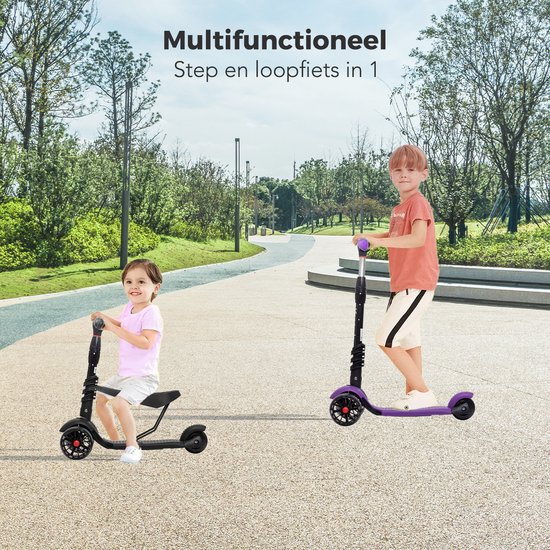 Two kids are riding scooters in a park. A young girl is on a black scooter with a seat and a young boy is on a purple scooter.