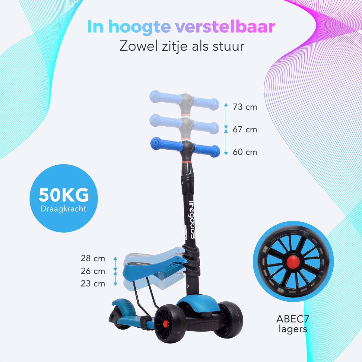 LifeGoods MultiRider Kinderstep - Step 3-8 Jaar - Hoogte Verstelbaar Zitje - Lichtgevende LED Wielen - Jongens/Meisjes - Blauw — afbeelding 10