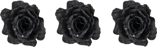3x stuks decoratie bloemen roos zwart glitter op clip 10 cm - Decoratiebloemen/kerstboomversiering/kerstversiering