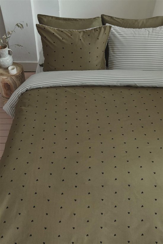 vtwonen Housse de Couette Coeurs Rayés - Vert - 240 x 200/220 cm + 2x 60 x 70 cm
