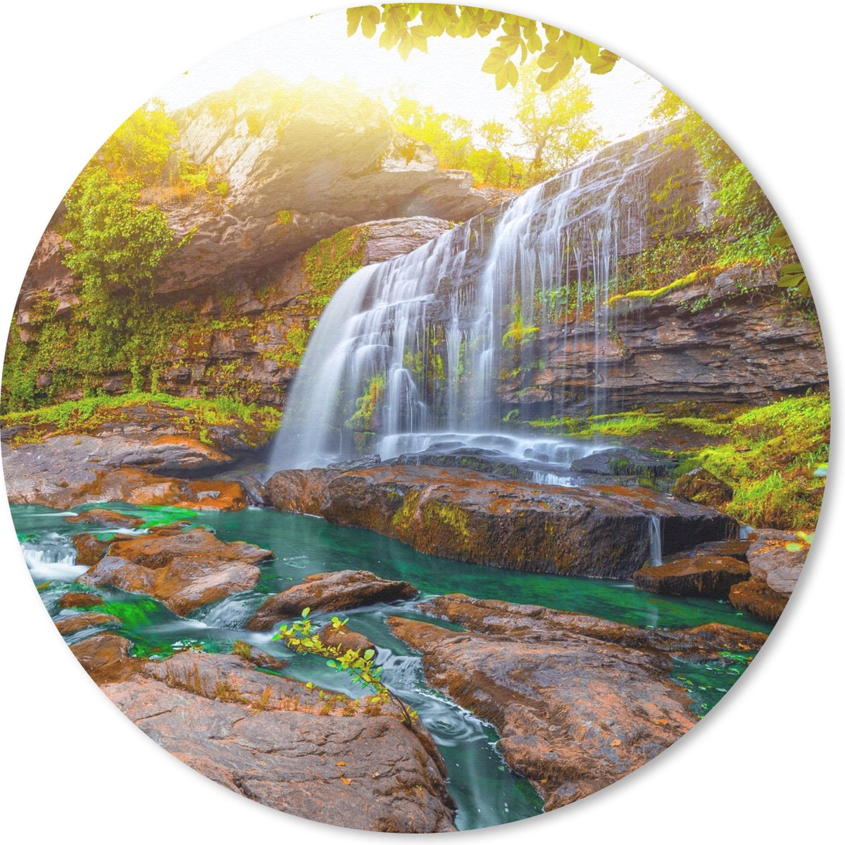 Muismat rond 20x20 cm - Mousepad Natuur - Waterval - Planten - Bomen - Zon - Ronde muismatten