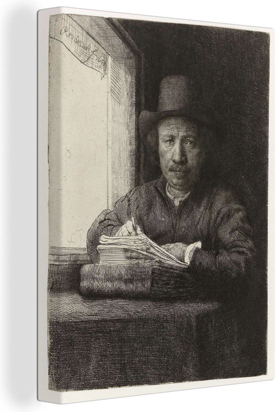 Autoportrait de Rembrandt eau-forte à une fenêtre - Peinture de Rembrandt van Rijn sur toile 60x80 cm - Tirage photo sur toile (Décoration murale salon / chambre)