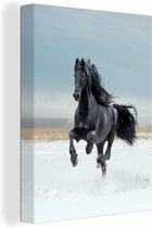 Canvas Schilderij Paard - Zwart - Sneeuw - 60x80 cm - Wanddecoratie