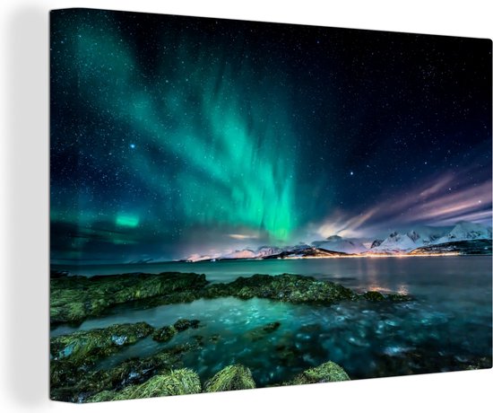 Peintures sur toile Aurores boréales - Lac - Norvège - 150x100 cm - Décoration murale