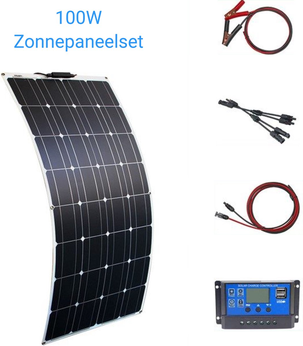 Compleet 100W zonnepaneel pakket - Plug and Play voor Camper - Boot - Caravan - Schuur - Aan te sluiten op accu - Merkloos