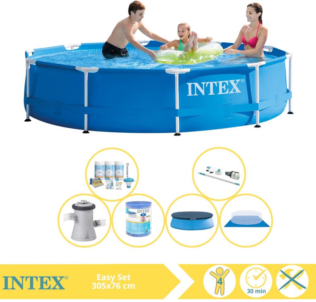 Intex Metal Frame Zwembad - Opzetzwembad - 305x76 cm - Inclusief Afdekzeil, Onderhoudspakket, Zwembadpomp, Filter, Grondzeil en Stofzuiger