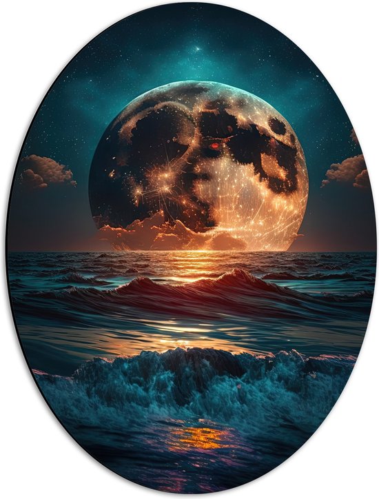 Dibond Ovaal - Heldere Maan Dobberend op het Wateroppervlak - 42x56 cm Foto op Ovaal (Met Ophangsysteem)