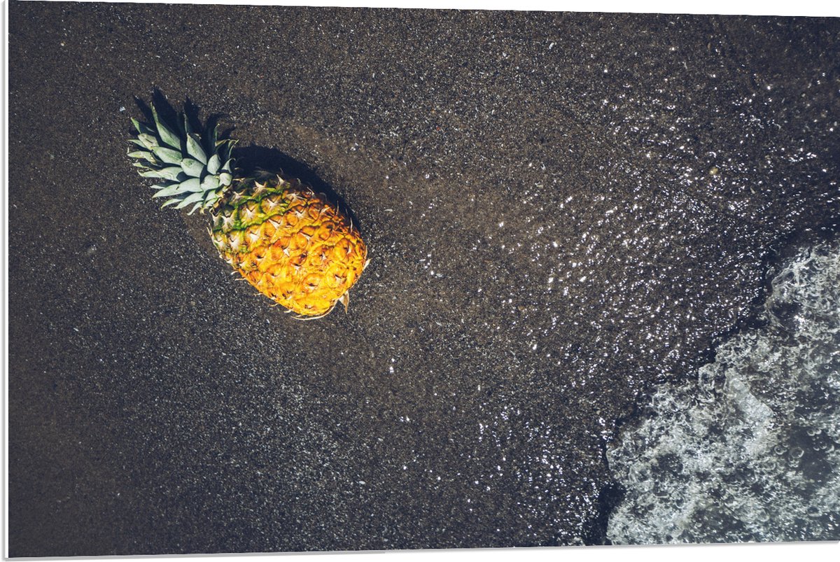 PVC Schuimplaat - Ananas op het Strand met Zee - 90x60 cm Foto op PVC Schuimplaat (Met Ophangsysteem)