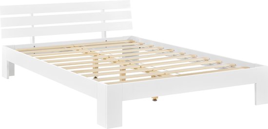 Houten Volwassen Bed - Grenen Frame Met Kleurgeblokt Hoofdeinde En Lattenbodem Wit Mdf Bed 140x200cm