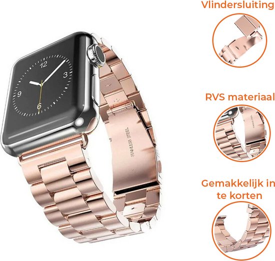 Rosegouden Apple Watch band van roestvrij staal met vlindersluiting.